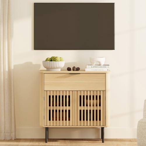 WAMPAT 31.5" W Fluted TV Stand with Storage for Living Room up to 43" TVs | Wood Entertainment Center, Pop-up Doors & Drawer, Mid Century Modern TV Media Console, Cable Management, Bedroom, Oak