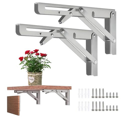 2 Pcs 12'' 304 Stainless Steel Collapsible Triangle Shelf Bracket | Heavy Duty, Folding Shelf Brackets, DIY Wall Mounted Folding Table Hinge, Space Saving for Bench Table, With Screws - size: 12 in (2Pcs)