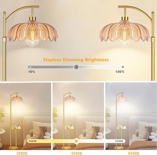 QIYIZM Gold Floor Lamp with Table and Shelves for Living Room Bedroom,Glass Standing Lamp with Remote Dimmable,Boho Brass Tall Lamp Vintage Farmhouse Arc Flower Floor Light Bohemian - size: 05-Floor Lamp