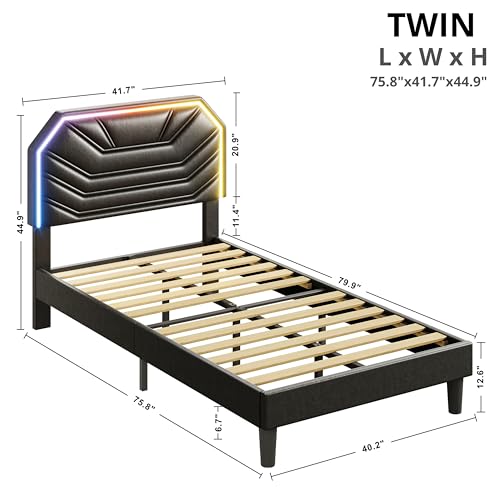 LIKIMIO Upholstered Twin Bed Frames with LED Light Headboard | Modern Cama Twin Platform Bed Frame with Heavy Duty Supports, No Box Spring Need, Noise Free, Easy Assembly, Black - color: Black, size: Twin