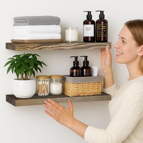 BGMG 30 inch Walnut Floating Shelves for Wall Set of 2,High End Solid Real Wood 30 in Floating Shelf,Rustic Wooden Wall Mount Shelves,Heavy Duty Bracket,30x6.7 inch - color: Dark Walnut, size: 30 inch