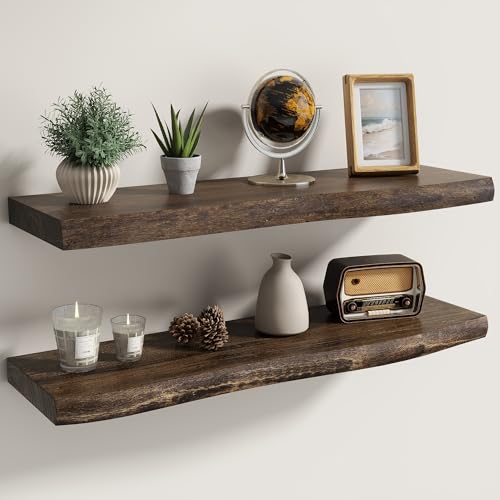 Fun Memories Solid Elm Wood Live Edge Floating Shelves for Wall, 30 x 8 Inch Rustic Wall Shelves Set of 2 with Invisible Brackets for Living Room Bedroom Kitchen, Walnut - color: Walnut Finish, size: 30", 2-Pack