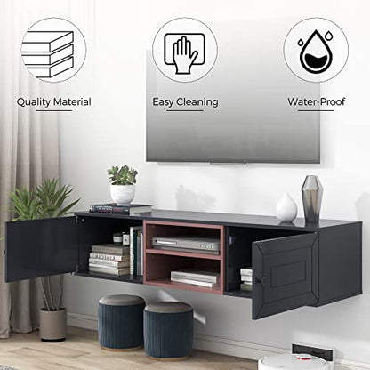 YardGo Floating TV Stand for TVs up to 65", Wall Mounted TV Cabinet with 2 Magnetic Doors & 2 Adjustable Shelves, 53'' Modern Entertainment Center Media Console for Living Room, Bedroom, Black