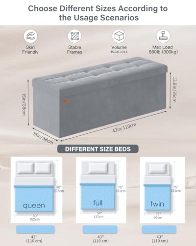 ABHENG Folding Storage Ottoman, Velvet Storage Bench, Footrest, Removable Divider, for Living Room, Bedroom, 15 x 43 x 15 Inches, 660 lb Load Capacity, Gray UASND02G