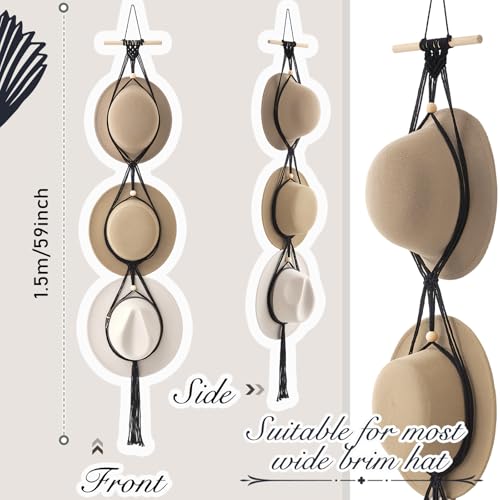 Macrame Hat Hangers Racks Boho Cowboy Hats Holders Western Display Organizer Storage decor Back of Door for Wall(Black,Three Hats Style) - color: Black, style: Three Hats Style