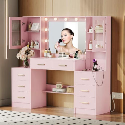 TOKSOM Large Pink Vanity Desk with Mirror and Charging Station, Makeup Desk with 8 Drawers, 2 Cabinets and Lots Storage, Dressing Table Vanity Set for Girls 58.3 inch - size: 58.3 inch, style: Modern Pink