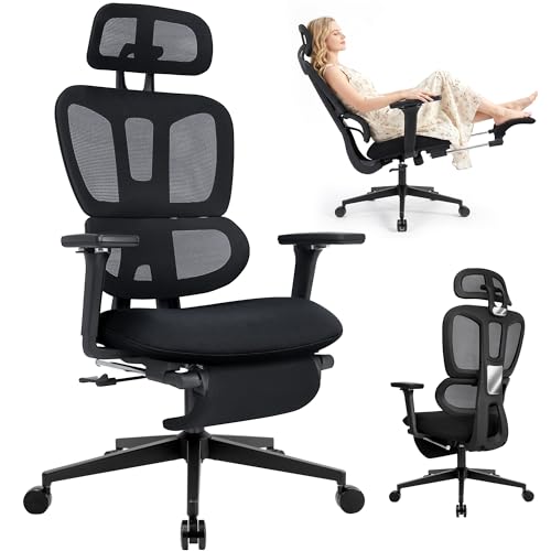 Ergonomic Office Chair with Footrest, 90-135° Reclining High Back Desk Chair with Lumbar Support, 2D Headrest, 4D Armrests, Computer Chair for Long Hours, Black - color: Black
