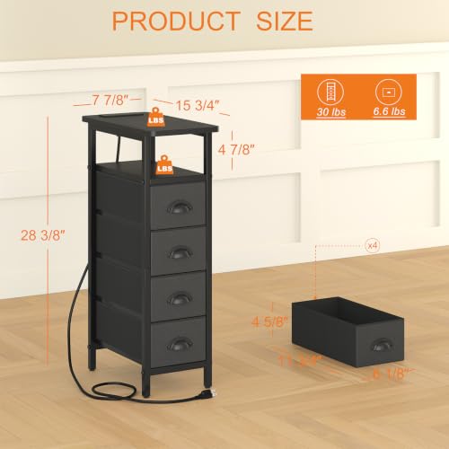 sthmec Nightstand with Charging Station, Narrow Night Stand Set of 2 with 4 Drawers, Skinny Side Table with Fabric Drawers,Slim Sofa Couch Tables for Small Spaces,Living Room,Bedroom, Black - color: Black, style: Power