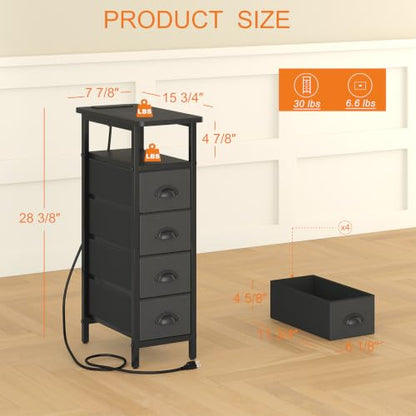 sthmec Nightstand with Charging Station, Narrow Night Stand Set of 2 with 4 Drawers, Skinny Side Table with Fabric Drawers,Slim Sofa Couch Tables for Small Spaces,Living Room,Bedroom, Black - color: Black, style: Power