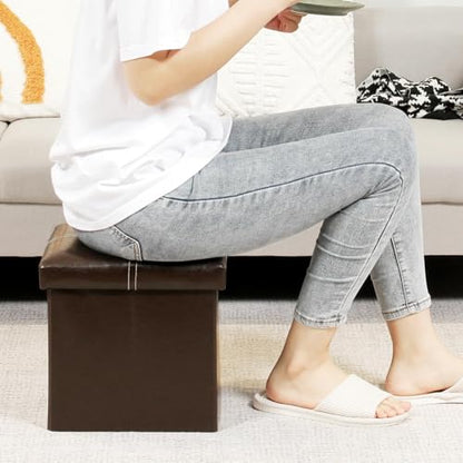 B FSOBEIIALEO Folding Storage Ottoman Cube, Faux Leather Footrest Seat Coffee Table, Brown 11.8"x11.8"x11.8" - color: Brown 11.8"x11.8"x11.8"
