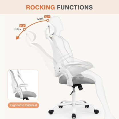 Sweetcrispy Computer Desk Chair, Mesh Office Chair with Lumbar Support | Ergonomic High-Back, Rolling Work, Adjustable Headrests, Flip-up Arms, Home Bedroom Study, Grey - color: Grey, style: Flip-up Armrest
