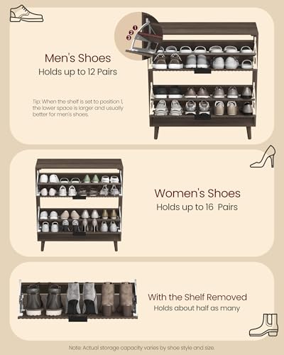 VASAGLE MAXE Collection - Shoe Storage Cabinet with 2 Flip Drawers, Freestanding Narrow Shoe Rack Organizer for Entryway, Fluted Doors, Fits 12-16 Pairs, Mid Century Modern, Walnut Brown UHSC202KF02S | Freestanding Shoe Rack Organizer, Fluted Doors, Mid C