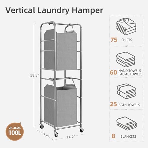 STORAGE MANIAC 2 Tier Vertical Laundry Hamper, 2 Section Laundry Sorter with 2 Removable Tote Bags, Rolling Clothes Basket for Towels, Blankets, Tall Dirty Clothes Hamper for Closet, 2 Bags Gray - size: 2 Section