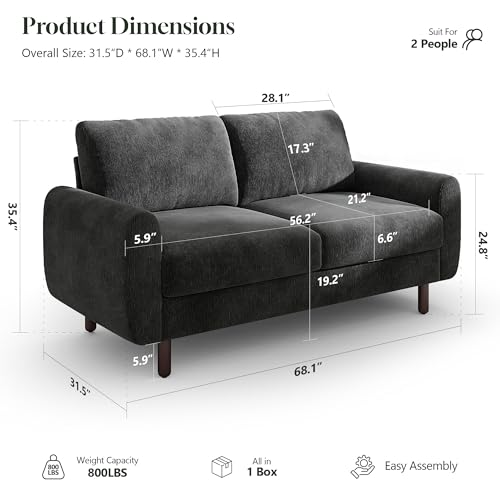 68" Loveseat Sofa, Comfy Chenille Fabric Couches for Living Room with Spring Cushion and Solid Wood Frame, Modern Deep Seat Couch for Bedroom, Apartment, Office, Easy Assembly, Black - color: Black