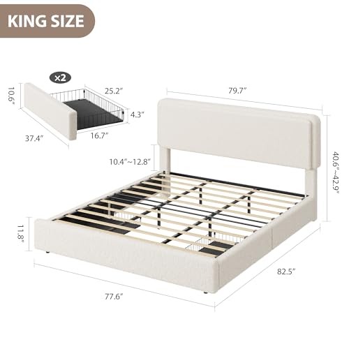 GarveeHome Bed Frame with 2 Storage Drawer, Cream Beige, King | Teddy Fleece Thick Upholstered Platform Bed Frame with Adjustable Headboard, No Box Spring Needed - size: King