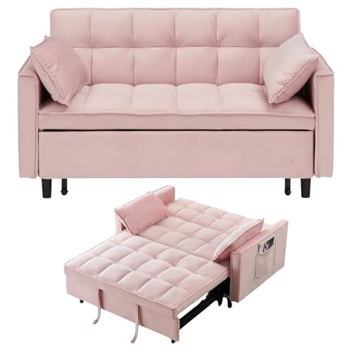3 in 1 Convertible Sleeper Sofa Bed, Velvet Loveseat Futon Pull-Out Couch with Adjustable Reclining Backrest, Side Pockets and Pillows for Living Room, Bedroom, Apartment, Small Spaces (Pink-Velvet) - color: Pink-velvet