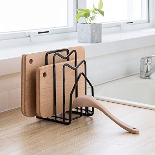 SUNFICON Cutting Board Rack Chopping Board Organizer Stand Holder Kitchen Countertop Pots Pan Lids Rack Organizer Flat Steel 4.92 x 5.7 x 8.47 in. Black - color: 1 Pack Black