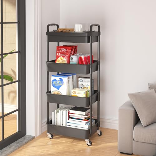 Calmootey 4-Tier Rolling Utility Cart with Drawer,Multifunctional Storage Organizer with Plastic Shelf & Metal Wheel,Storage Cart for Kitchen,Bathroom,Living Room,Office,Black | Space-Saving Organizer, Sturdy Plastic Shelves, Smooth-Rolling Metal Wheels,