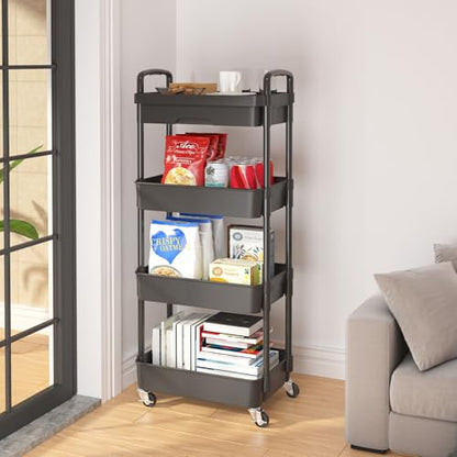 Calmootey 4-Tier Rolling Utility Cart with Drawer,Multifunctional Storage Organizer with Plastic Shelf & Metal Wheel,Storage Cart for Kitchen,Bathroom,Living Room,Office,Black | Space-Saving Organizer, Sturdy Plastic Shelves, Smooth-Rolling Metal Wheels,