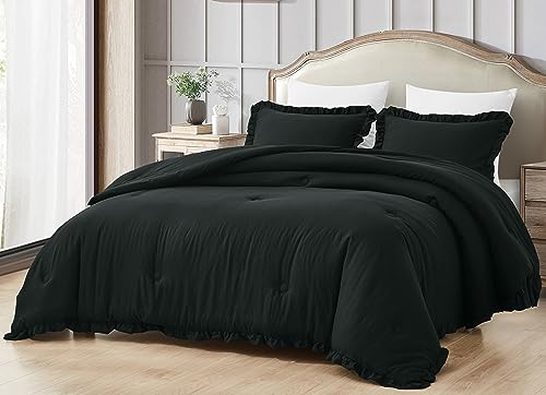 Chezmoi Collection Nora Black Comforter Set King Size 3-Piece Fluffy Soft Stone-Washed Ruffled Shabby Chic Bedding for All Season - color: Black, Ruffled Edge, size: King