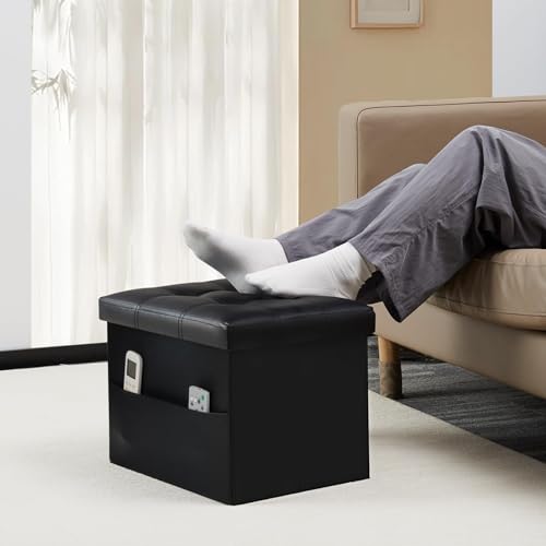 Bsketa Storage Ottoman Bench, 16" Folding Leather Foot Rest, Black 2 Pack | Small Ottoman with Side Pockets, Thicker Foam Padded Seat, Livingroom, Dorm, Bedroom, Easy to install, 38L, 16x12x12in - color: Black-with Side Pockets..
