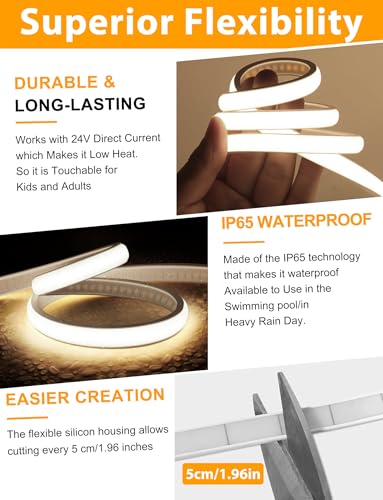 Lamomo COB LED Strip Lights 6.56Ft, Natural White Dimmable Self-Adhesive Led Rope Light with Remote, Flexible Cuttable Waterproof 3000K Silicone Neon Tape Light for Bedroom, Cabinet, 10mm Width - color: Natural White, size: 6.56Ft