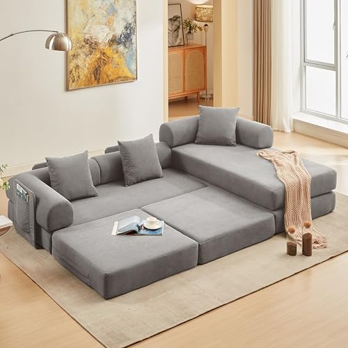 107" Modular Sectional Sofa Bed, L-Shape Corduroy Boneless Couch, Grey | Sleeper Futon Sofa Bed, Boneless Couches for Living Room, Modular Couch with Storage, Pull Out Couch, No Assembly Required - color: Grey Corduroy