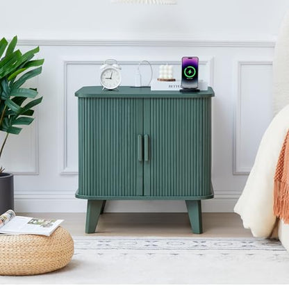 24" Large Fluted End Table with Charging Station, Farmhouse Sofa Side Table with Sliding Tambour Door & Storage, Curved Rustic Wood Nightstand for Living Room, Bedroom, Green - color: Green