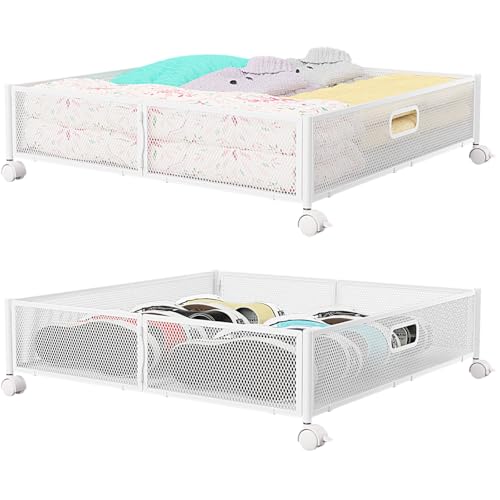 Under Bed Storage with Wheels & Handle,Metal,Large,2 Pack,White | Tool-free assembly, glide smoothly, easy reach, foldable, maxmazie low-profile beds, dorm, keep seasonal clothes, shoes fresh - color: White, size: 2 Pack(23.6×23.6")