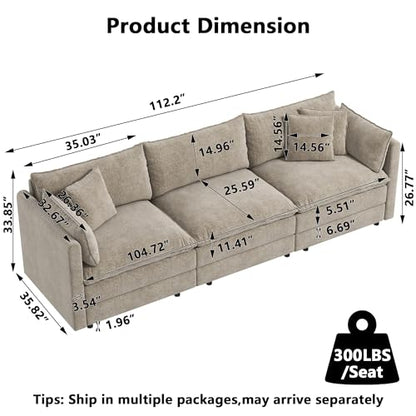 Aoowow Modular Sectional Sofa,112.2 Inch Modern Deep 3-Seater Sofas Comfy Chenille Cloud Sofas and Couches with Pillows for Living Room Apartment（Camel） - color: Camel, size: 3 Seat
