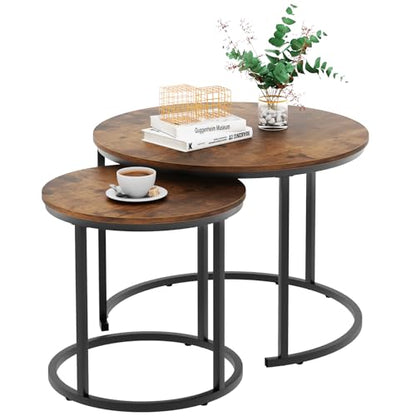 aboxoo Coffee Table Nesting Round Table Set of 2 Side Table with Sturdy Metal Frame for Living Room Bedroom Apartment Modern Industrial Simple Nightstand,Rustic Brown - color: Rustic Brown