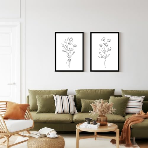 Framed Set of Two Canvas Wall Art Simple Botanical Line Print Black and White Floral Poster Modern Gallery Print for Living Room or Bedroom Wall Decor 12x16 Inch - color: 2-line flowers, size: 12x16in