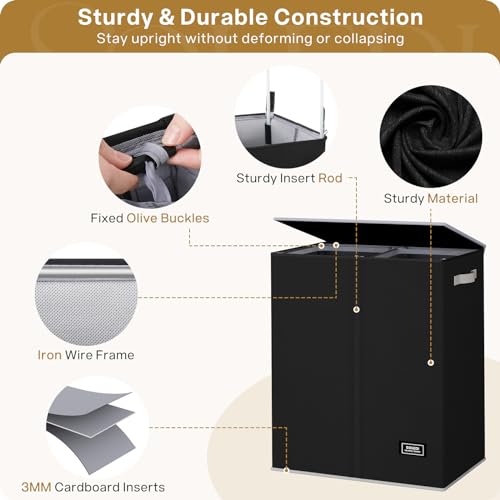 SOLEDI Double Laundry Hamper with Lid and Removable Laundry Bags,Divided Laundry Bin - Large Clothes Hamper 2 Section - Collapsible Laundry Baskets for Bedroom, Bathroom, Laundry Room,Black - color: Black, size: 145l