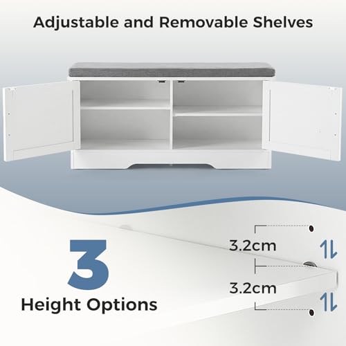 DUMOS Shoe Storage Bench, 39" Wide Shoe Organizer Cabinet with Padded Seat Cushion, 2 Doors, Adjustable Shelf for Entryway, Hallway, Bedroom, Living Room, White - size: 39 inches