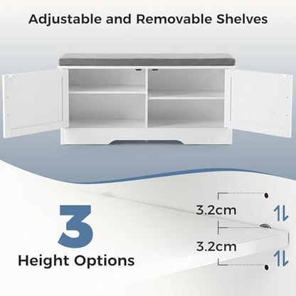 DUMOS Shoe Storage Bench, 39" Wide Shoe Organizer Cabinet with Padded Seat Cushion, 2 Doors, Adjustable Shelf for Entryway, Hallway, Bedroom, Living Room, White - size: 39 inches