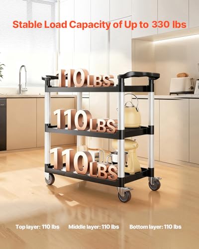 VEVOR Utility Cart, 330 lbs Load Capacity, 3-Tier Utility Plastic Cart with 360° Swivel Wheels (2 with Brakes), 31.1 x 19.3-inch Food Service Cart for Warehouse, Office, Home, Restaurant, Kitchen - style: 3 Tier-330LBS