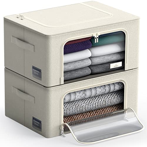 Sorbus Storage Bins with Metal Frame - Stackable & Foldable Clothes Organizer Bags - Oxford Fabric Storage Containers with Large Clear Window & Carry Handles, Bedroom Organization for Bedding & Linen - color: Beige, size: 2 Pack