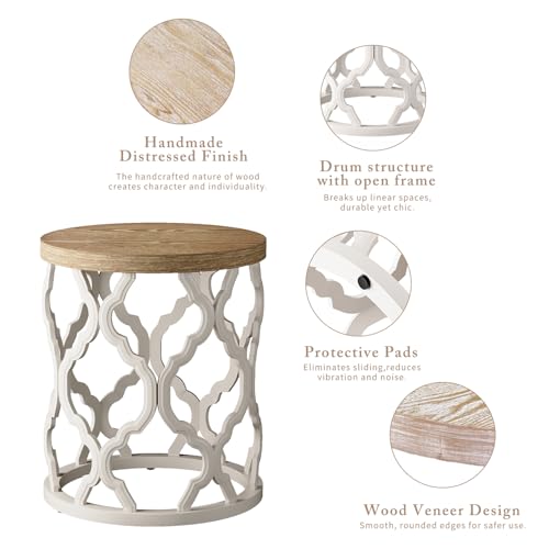 karlott Farmhouse End Table, French Country Round Side Table, Beige | Curved Motif Frame Base With Distressed Tray Top, Boho Accent Table Ideal, End Tables for Living Room, Small Space, Bedroom - size: End Table 18.5 Inches