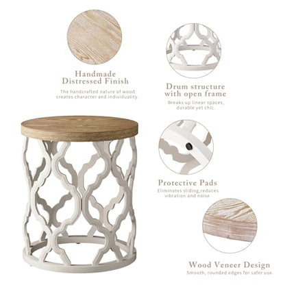 karlott Farmhouse End Table, French Country Round Side Table, Beige | Curved Motif Frame Base With Distressed Tray Top, Boho Accent Table Ideal, End Tables for Living Room, Small Space, Bedroom - size: End Table 18.5 Inches
