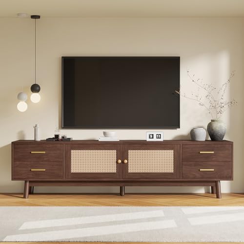 Modern TV Stand 70 in with Rattan Doors for TVs up to 80 Inch, Wood Media Console with 4 Storage Drawers and Cable Management, Dark Brown Entertainment Center for Living Room or Apartment Setup - color: Dark Brown-k