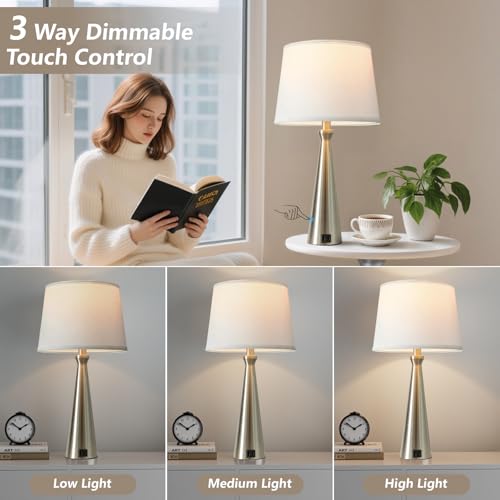 Modern Touch Lamps for Nightstand, 3 Way Dimmable Bedroom Lamp Set of 2 | USB C+A Charging Ports, Silver Bedside Lamps for Bedroom, Living Room, End Table, Bed Side, LED Bulb Included - color: C. Silver Base-White Shade