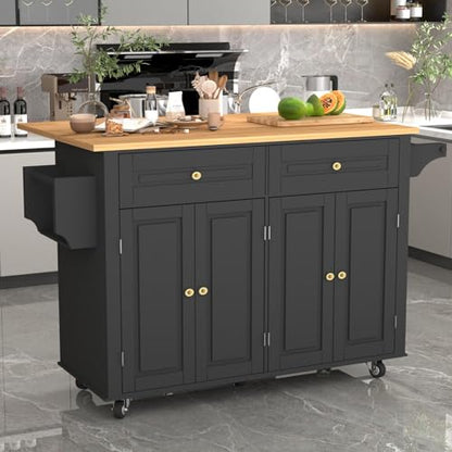 51 Kitchen Island Cart with Drop Leaf Breakfast Bar, Rolling Mobile Kitchen Island Table on Wheels with Storage Cabinet, Drawer, Spice/Towel Rack, Black - size: 51.2 Inch