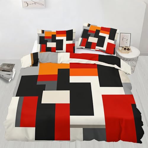 Geometric Comforter Set Twin, Black and Orange Blocks Duvet Cover, Mid-Century Modern Bedding Set, 2 Pillowcases, Zipper Closure, Reversible Print Bedding Set & Bedroom Decor Abstract Red Design - color: Black and Orange Blocks, size: Twin (68 x 88 in)