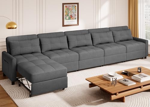 Aiho Pull Out Couch 5 Seater Sectional Sleeper Sofa, Dark Gray | Pull-out Sofa Bed with Adjustable Backrest and Spring Support for Comfortable Seating and Overnight Guests - size: 5 Seater