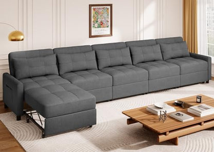 Aiho Pull Out Couch 5 Seater Sectional Sleeper Sofa, Dark Gray | Pull-out Sofa Bed with Adjustable Backrest and Spring Support for Comfortable Seating and Overnight Guests - size: 5 Seater