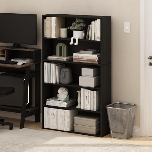 Furinno PASIR Book Shelf, 5-Tier Bookshelf, Bookcase with Open Shelf, 9.4 x 31.5 x 52.7, for Living Room, Bedroom, Home Office, Espresso - color: Espresso, size: 5-Tier