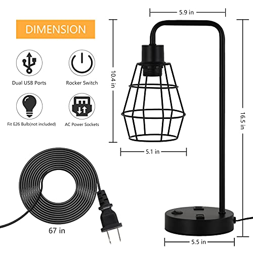 BTY USB Edison Table Lamp Set of 2, Bedside Nightstand Desk Lamps with Dual USB Charging Ports and 2 Prong AC Outlet Metal Wire Cage Industrial Reading Table Lamp for Bedroom Living Room Farmhouse - size: CAGE 1