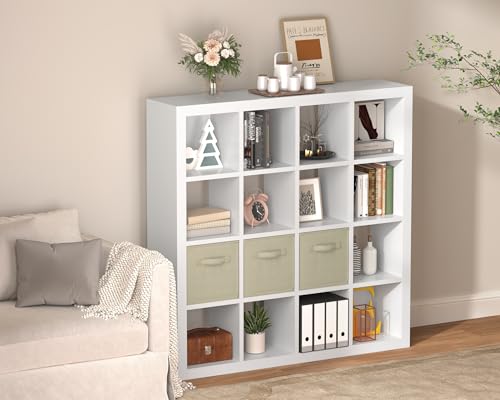 furtble Bookshelf with Storage Bins, 16-Cube Storage Organizer with Back Panels, Modern Wood Open Bookcase, Multifunctional Display Shelf for Living Room, Bedroom, Home Office, White - color: White, size: 16 cube