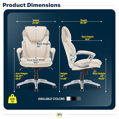 Serta Bryce Executive Office Chair - Ergonomic Computer DeskChair with Lumbar Technology - Adjustable Height - Memory Foam Body Pillows - 360° Swivel Rolling Base - Bonded Leather - Cream - color: Cream White