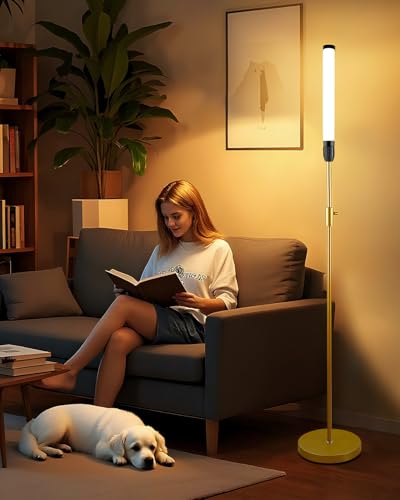 Lightdot 68IN LED Floor Lamp for Living Room, Stepless Dimmable(10-100% Brightness) Modern Standing Tall Lamps with Milky White Cylindrical LampHead,Mid Century Industrial Floor Lamps for Bedroom-Gold - color: Tube-Gold